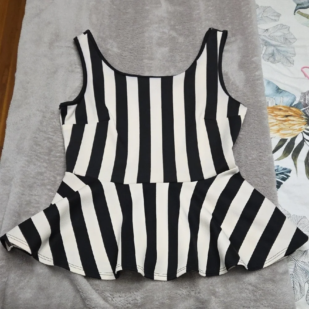 Striped Black and White Peplum Top - Picture 1 of 6